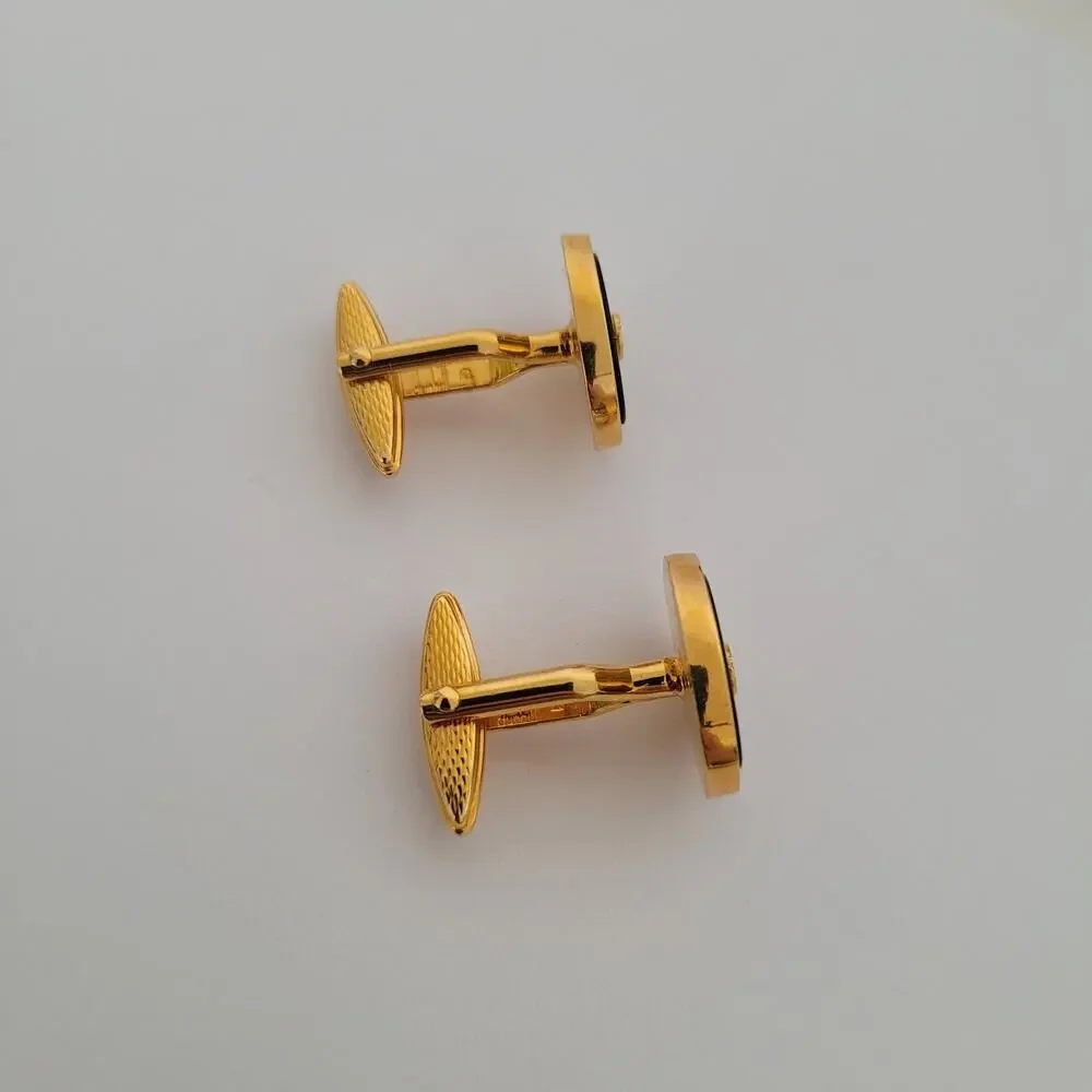 Dunhill Vintage Round Cufflinks Tie Clasp Clip Bar Set Black Onyx Gold Logo Box